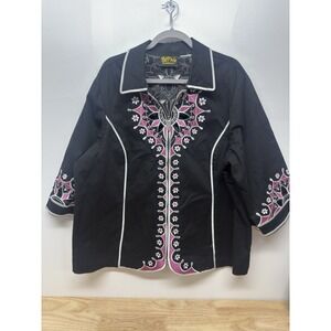 Bob Mackie Wearable Art Womens Medium Black Embroidered Blouse Jacket Boho 1X